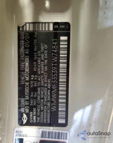 2009 Mini Cooper из США, поврежденный, VIN WMWMF33539TW74841